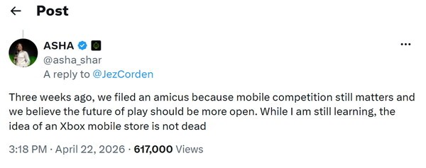 Microsoft's Xbox mobile app store test website was taken offline in April 2026, prompting speculation that the project had been canceled. Asha Sharma later confirmed that development is continuing. (Source: Android Central (top), Asha Sharma's X account (bottom))