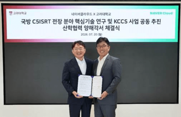 Naver Cloud signed a memorandum of understanding with Korea University's C5ISRT Convergence Research Center to jointly conduct research on core battlefield technologies and collaborate on the KCCS project. Pictured are Prof. Kang Seok-joong of Korea University's Graduate School of Management of Technology (left) and Naver Cloud Chief Executive Officer Kim Yoo-won. (Photo: Naver Cloud)