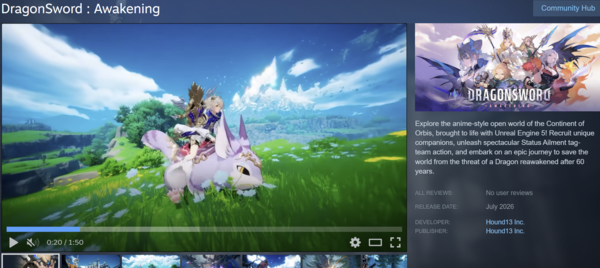 The Steam product page for Dragon Sword: Awakening. Hound 13 is listed as both developer and publisher instead of Webzen. (Source: Steam)
