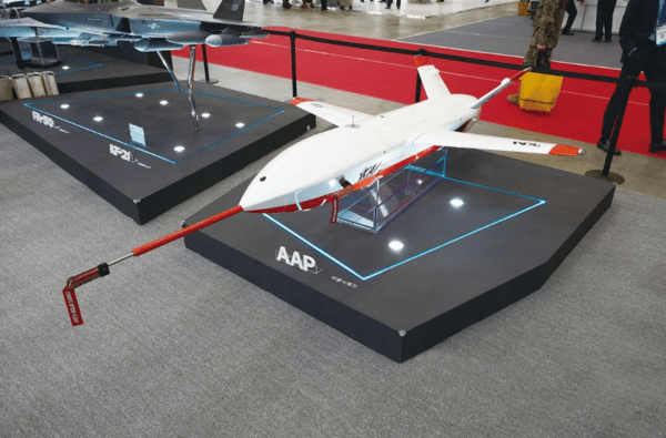 A full-scale prototype of the AAP unmanned aircraft displayed at ADEX 2025.