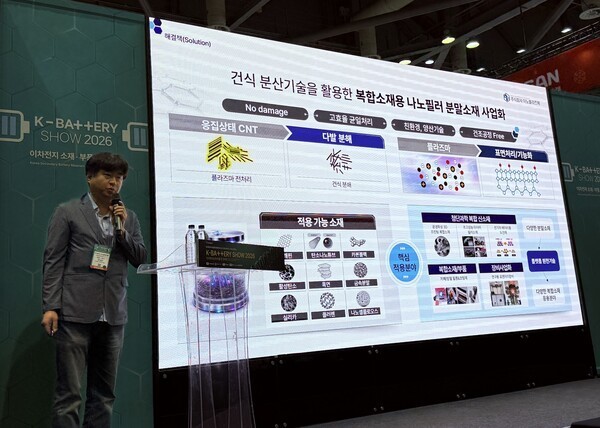 Inoplaztech CEO Lee Deok-yeon introduces dry dispersion technology at the K-Battery Show 2026 Materials, Parts and Equipment Conference at KINTEX in Ilsan, Gyeonggi Province, on Sept. 9. (Photo: THE ELEC)
