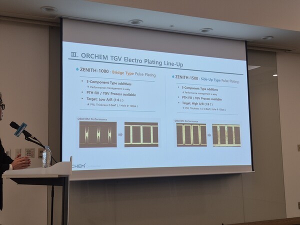 An Orchem official explains the company's ZENITH-1000 and ZENITH-1500 chemicals used for bridge-fill and side-up TGV plating at a technical seminar during KPCA Show 2026 on Sept. 10. (Photo: THE ELEC)