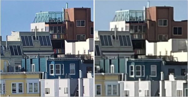 A comparison of zoomed images of the same subject taken with the Honor 600 and iPhone 17. Left, the Honor 600 processed with the GlassAI neural network; right, Apple’s iPhone 17. (Source: PetaPixel)