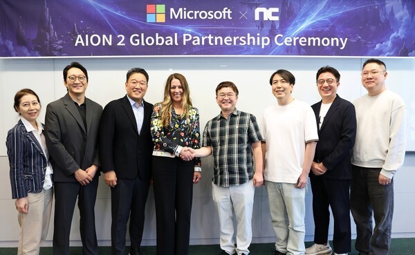 From left, Microsoft Korea Technical Sales Manager Lee Jong-hee, Gaming Customer Business Sales Representative Ma Seung-jae, CEO Cho Won-woo, Microsoft Executive Vice President and Chief Revenue Officer for Global Enterprise Deb Cupp, NC CBO Baek Seung-wook, AION 2 Global Publishing Head So In-seop, IP Alliance Director Choi Won-jong and AION 2 Technical Director Pung Hyun-seop. (Photo: NC)